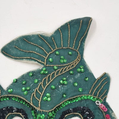 Hand Sewn Vintage Mardi Gras Green Fish Mask Sequins Beads