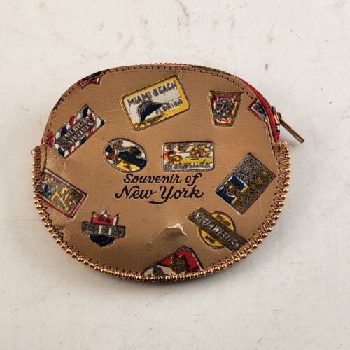 Vintage New York City Leather Coin Purse – 4" Tooled Brown Souvenir Zip-Top Pouch – NYC Skyline Design – Small Travel Accessory