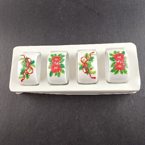 Handcrafted Porcelain Christmas Napkin Rings NOS Set of 4 Poinsettia and Holly
