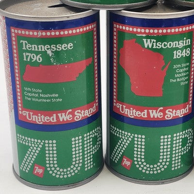 5 United We Stand 7UP Empty Pop Top Cans 1976 Bicentennial States WY TX AR TN WI