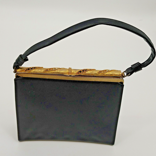 Black Handbag Vintage w Coin Purse Rhinestone Metal Clasp Closure 8"