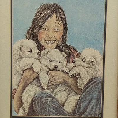 Patti Lindstrand Signed Print Stolen Glimpse Alaskan Puppies Framed Matted 1985
