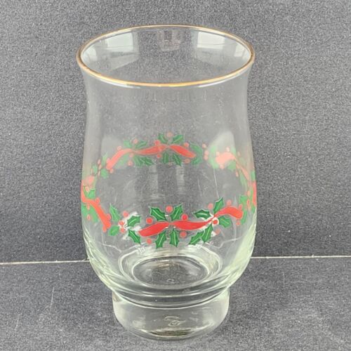 One Libby 14 oz Drink Glass Holly Berry and Red Ribbon Design 3.25" w x 5.25" h
