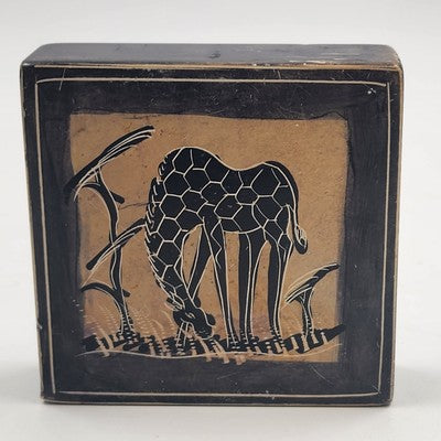 Hand Painted Solid Stone Tile 4"x4"x1" Giraffe & Elephant on Each Side