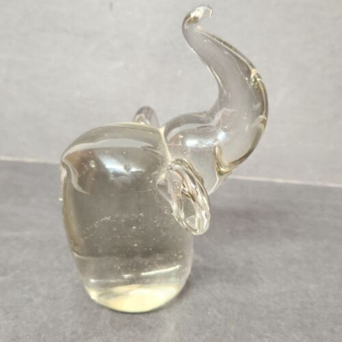 Crystal Clear Elephant Art Glass Figurine Paperweight Trunk Up for Luck Vintage