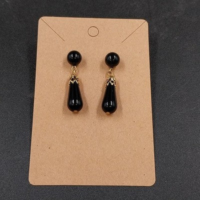 Black & Gold Tone Chunky Long Teardrop & Round Onyx Dangle Drop Earrings 1.25"
