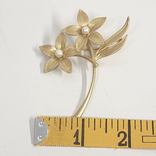 Gold Tone Flower Brooch with 2 Faux Pearls 2.5" x 2" Vintage