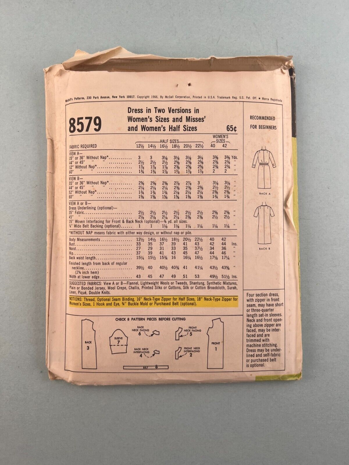 McCall's 8579 Vintage Sewing Pattern '66 Women Misses ½Size Dress 2 Versions 16½