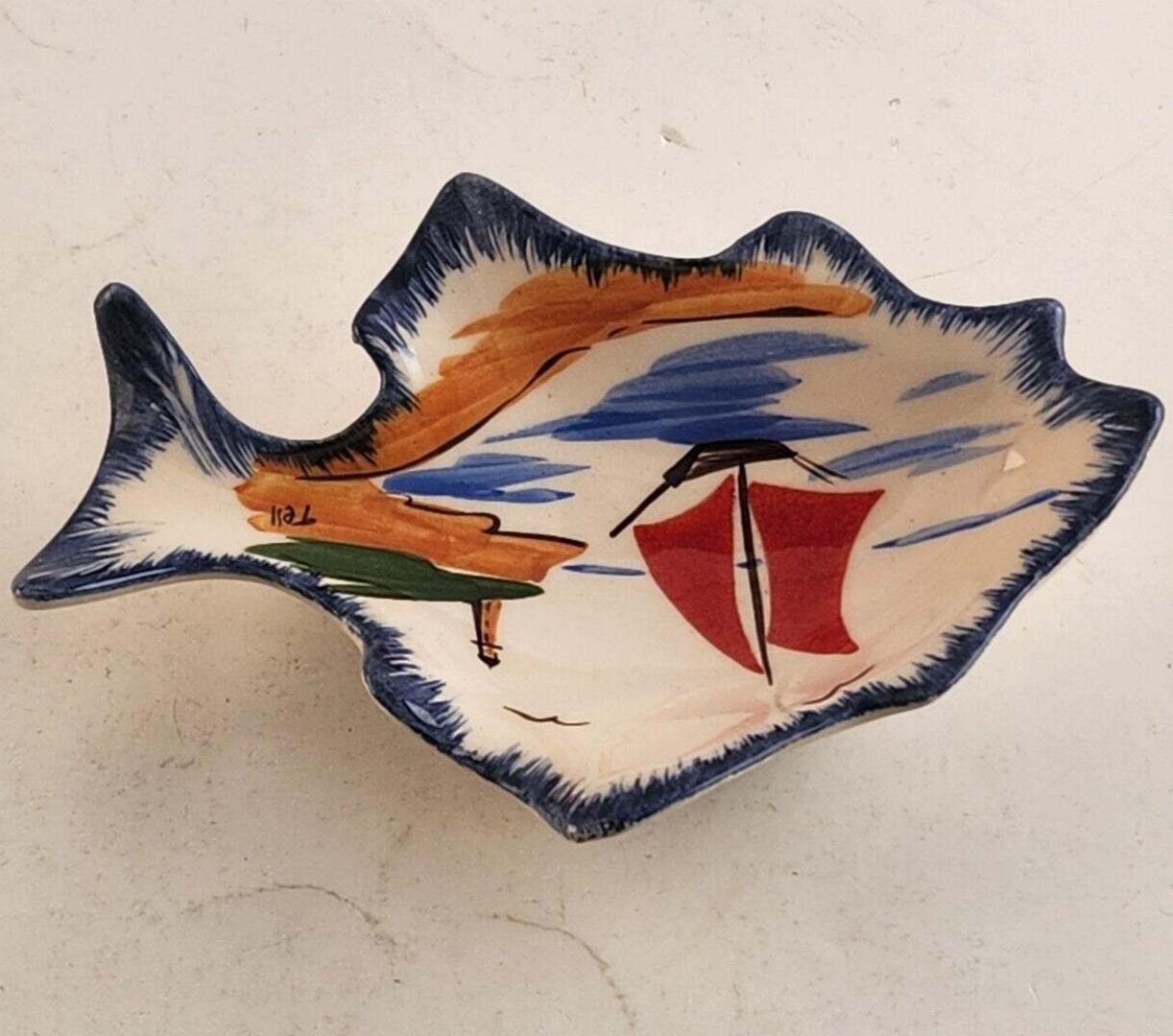 Vintage Tell UK Ceramic Nautical Trinket Dish Sailboat Fish Signed Tray
