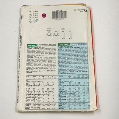Butterick 5892 Vtg Sewing Pattern 1991 Uncut Unisex Sweat Jacket Pants