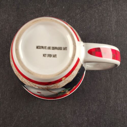 Snowman Ceramic Christmas Hot Chocolate Mug Cup Night Scene with Red Trim 4¼" H