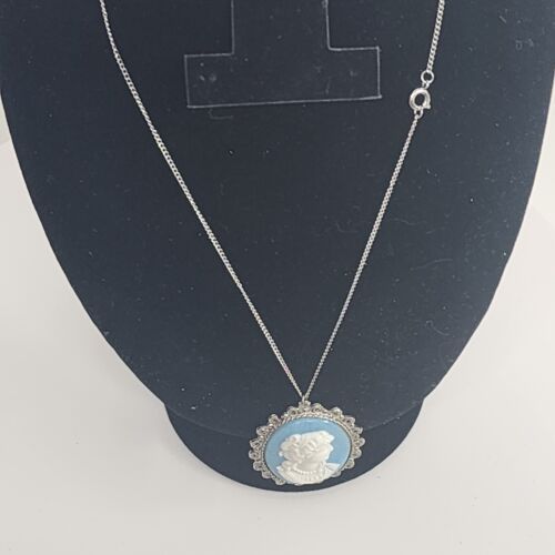 Silvertone Cameo Necklace Blue White Vintage Jewelry 17" chain Costume Filagree