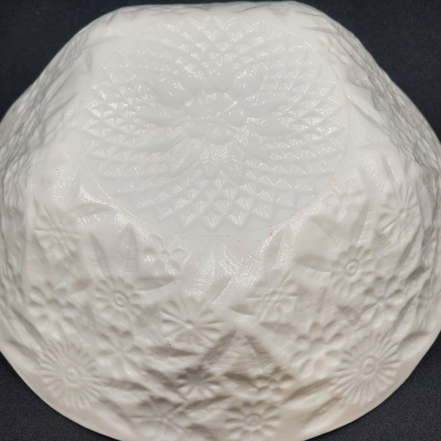 Daisy Imprinted Indiana Milk Glass Serving Bowl 5-Sided 7.5" x 2.5" MCM Vintage