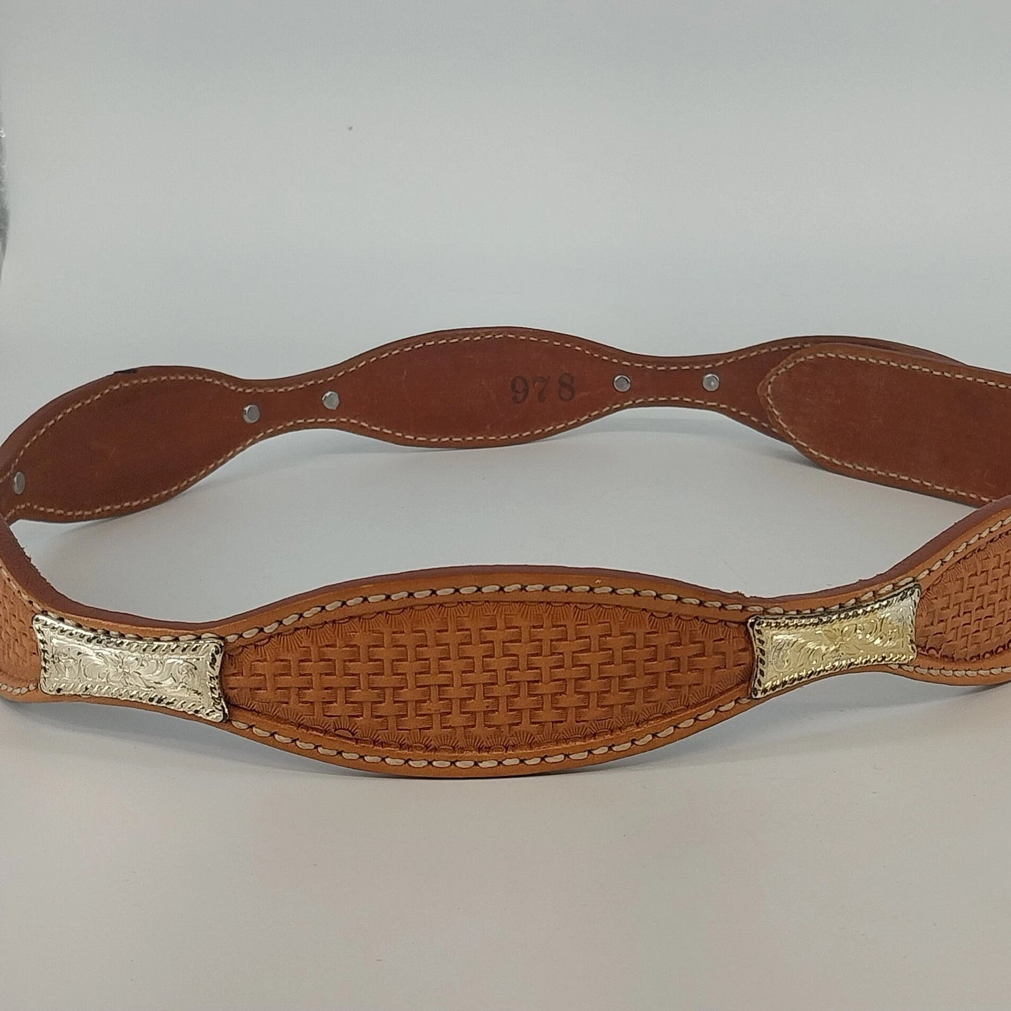 Brown Leather Basketweave Ranger Belt No Buckle 1.5" Marked 38 Vintage JJ Stamp