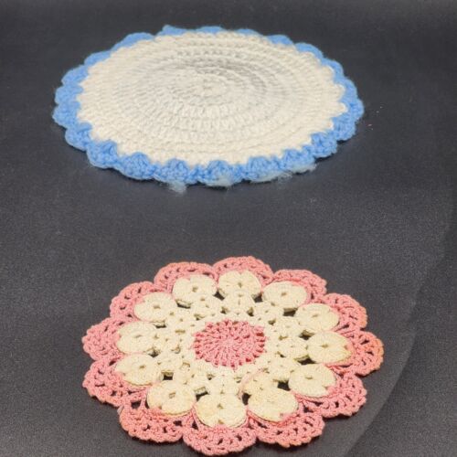 Lot of 2 Vintage Round Crochet Hot Pads Pot Holders Blue White & Pink