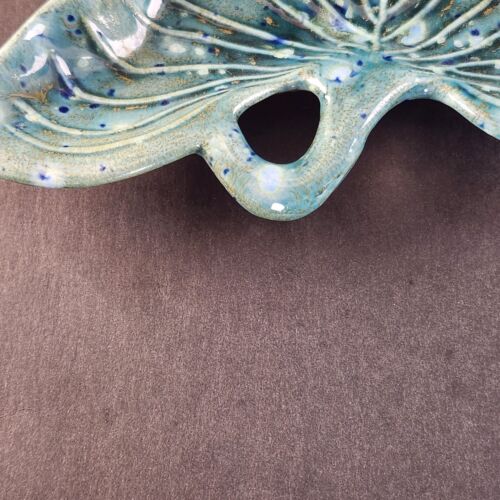 Ken Ocorr Pottery Aqua Blue Green Leaf Shell Trinket Dish Nut/Candy Bowl 10" L