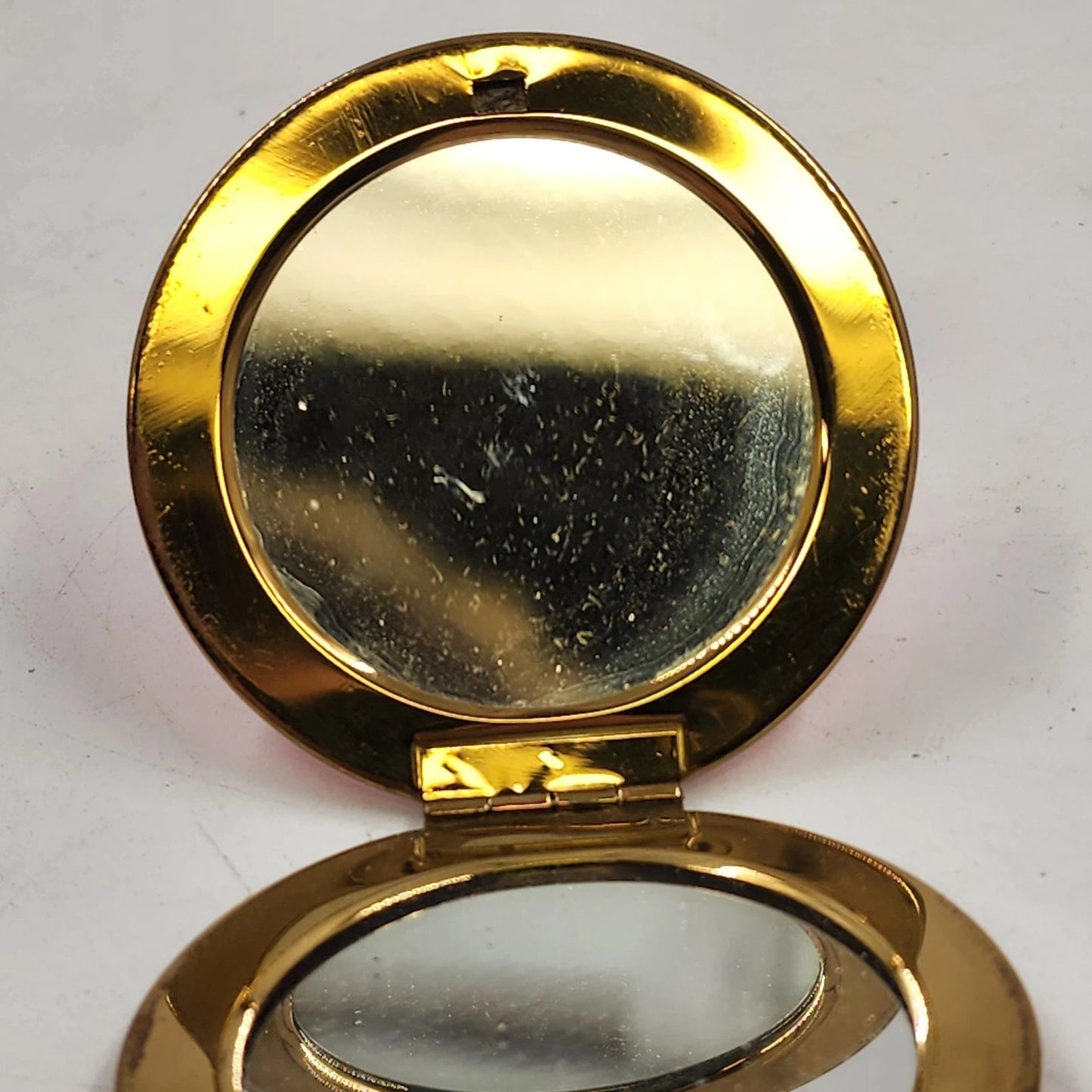 Guilloche Enamel Compact Hot Pink Red Mirror Brass Rim West Germany