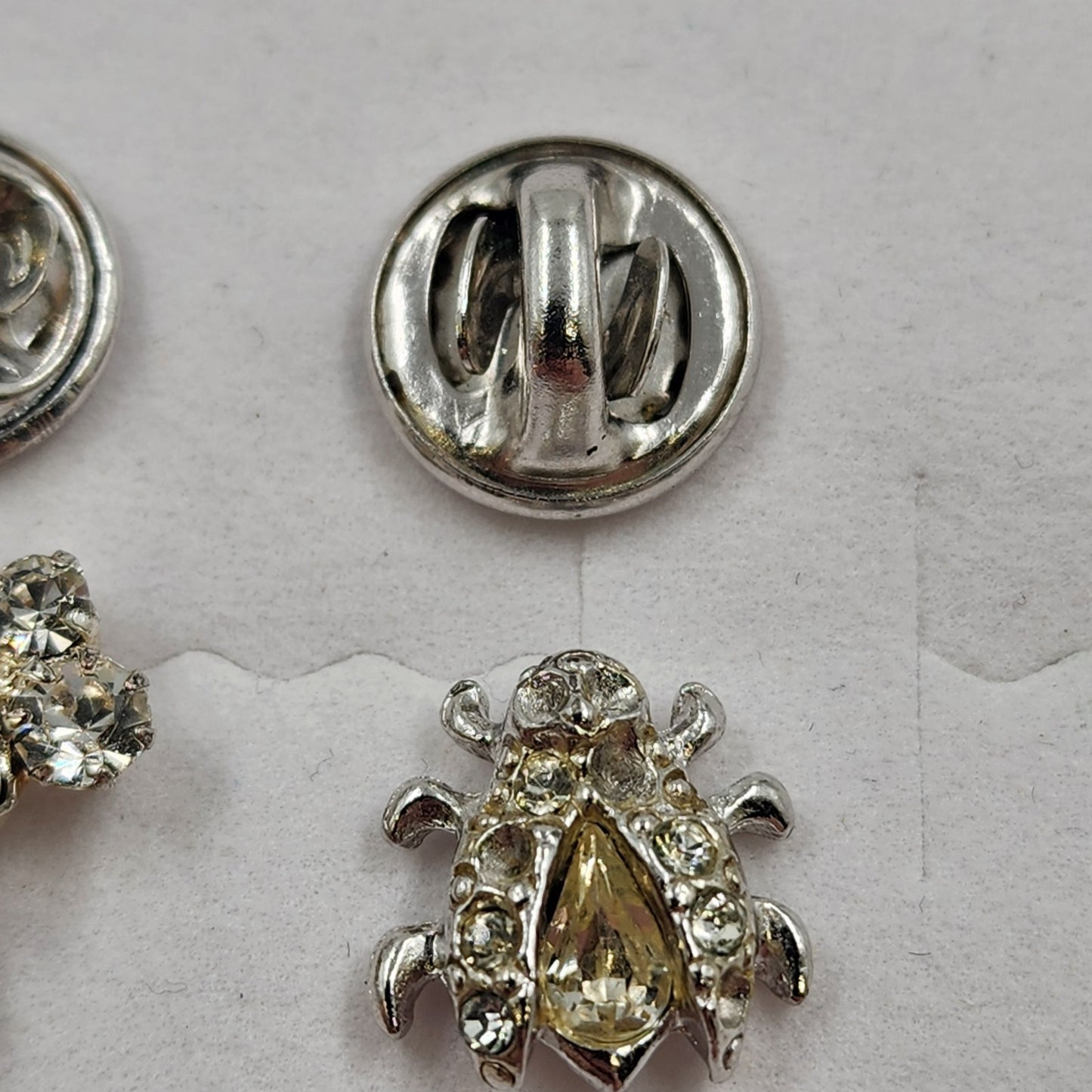Set of 2 Rhinestone Lapel Pins Silver Tone Ladybug & Cluster Brooch 0.5" Long