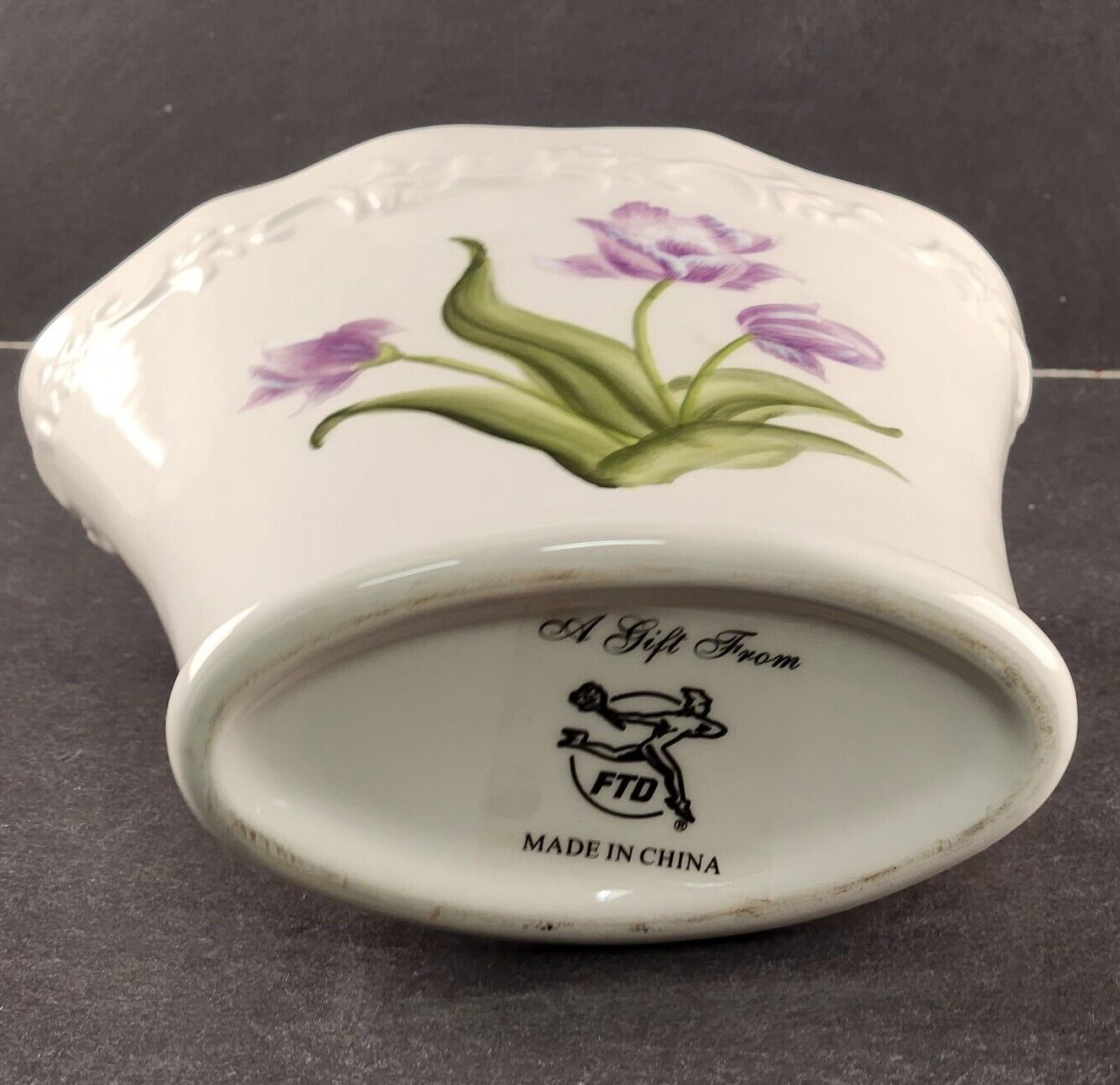 FTD Oval Ceramic Vase Purple Tulips Green Leaves Vintage 6.5" x 3.5" x 5.75"