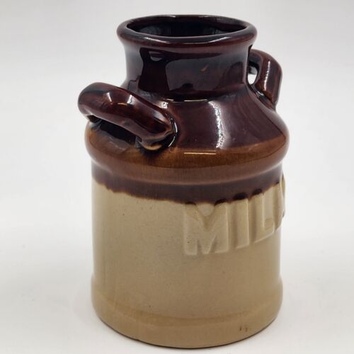 Stoneware Milk Can 5.25" Crock 2 Handles Brown & Beige Crazed
