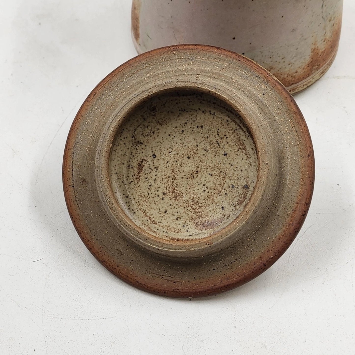 Handcrafted Speckled Stoneware Pottery Lidded Jar w Ribbon Handle Rustic Decor