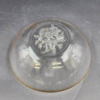 Glass Serving Bowl Floral Flower Etched Bottom Gold Tone Rim 10.5”x3.5”