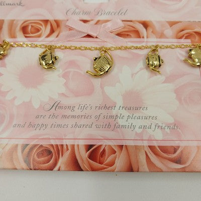 Hallmark Gold Tone Teapots Charm Dangle Bracelet 7" Toggle Closure