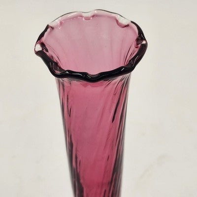 Pilgrim Cranberry Glass Bud Vase 7" Swirled Neck Ruffled Rim Hand Blown