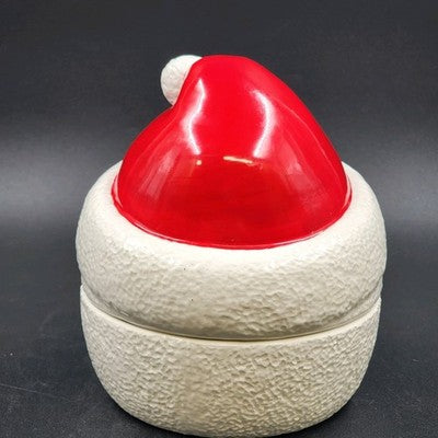 Santa Claus Head Smiley Face Ceramic Christmas Cookie Jar Canister 7.25" Tall