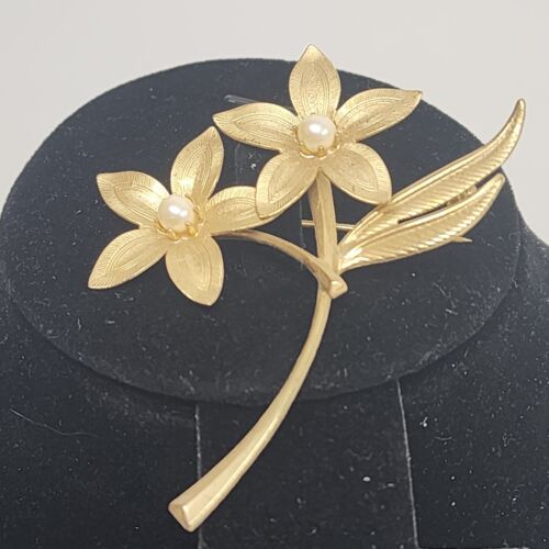 Gold Tone Flower Brooch with 2 Faux Pearls 2.5" x 2" Vintage