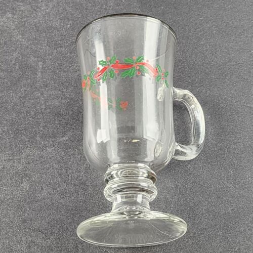 One Libby Irish Coffee Footed Glass Mug w Holly Berries Design 3" w x 5.75" h