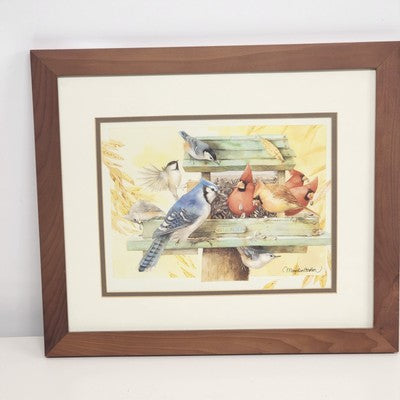 Marjolein Bastin Blue Skies Art Print of Birds Eating at Feeder Framed 18x15.5"