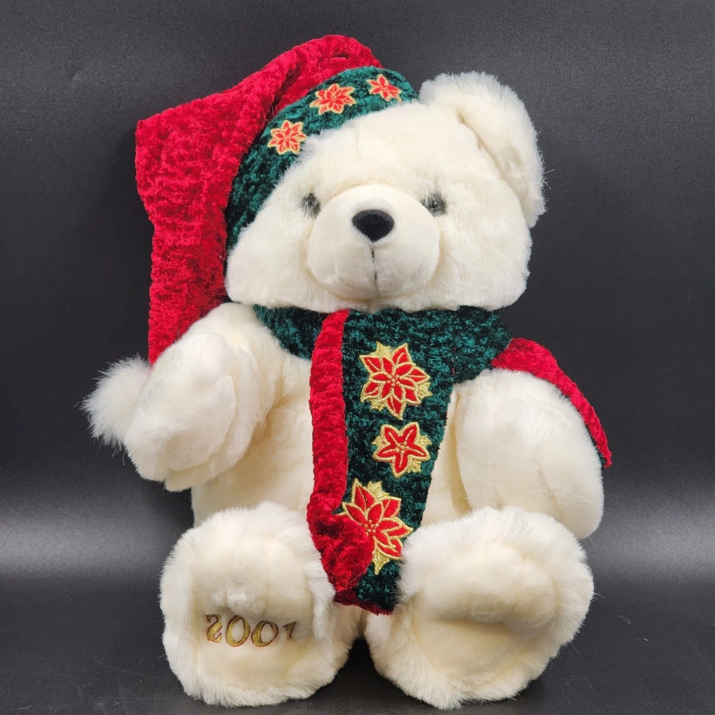 Santa Bear 2001 Kmart Christmas Plush Collectible White Teddy w Hat & Scarf 15"