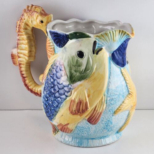Fl Orgia Ceramic Pitcher Italy Hand Painted Seahorse Handle Fish Starfish Shells