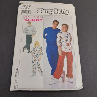 Simplicity 9242 Vtg Sewing Pattern Cut Unisex Sweatpants Sweatshirt Med 1990s
