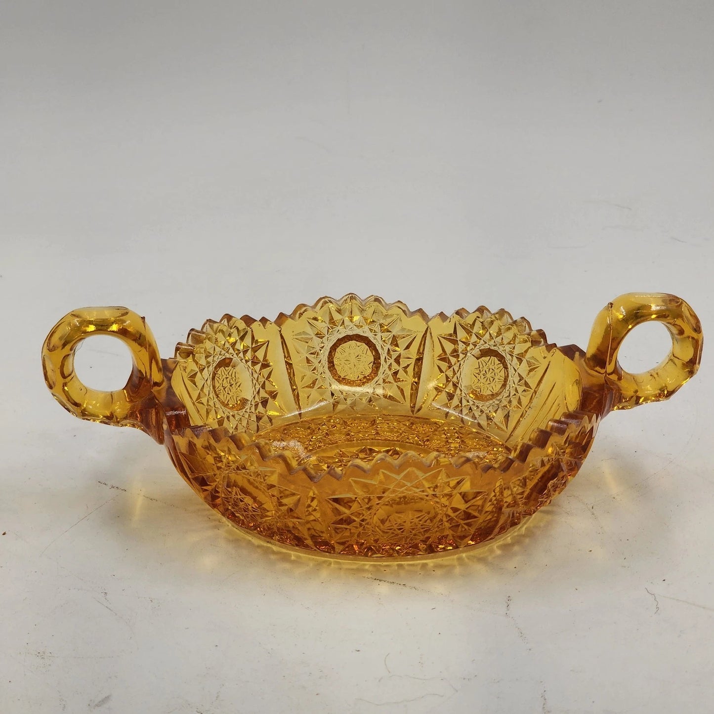 Amberina Cut Glass Nappy Bowl Hobstar Pattern 2 Handles Sawtooth Edge 8.75"
