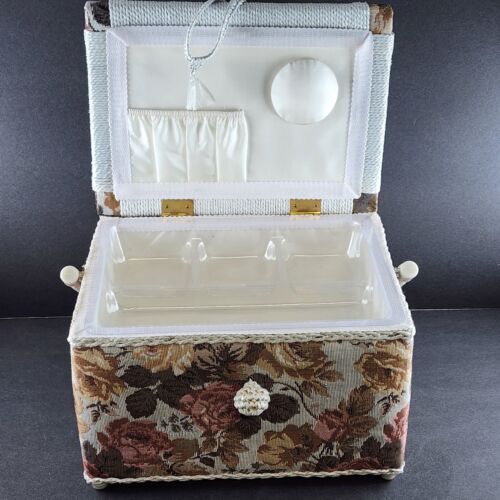 Tapestry Wicker Woven Sewing Box Basket Vintage Clear Tray Pin Cushion 11"x8"x7"