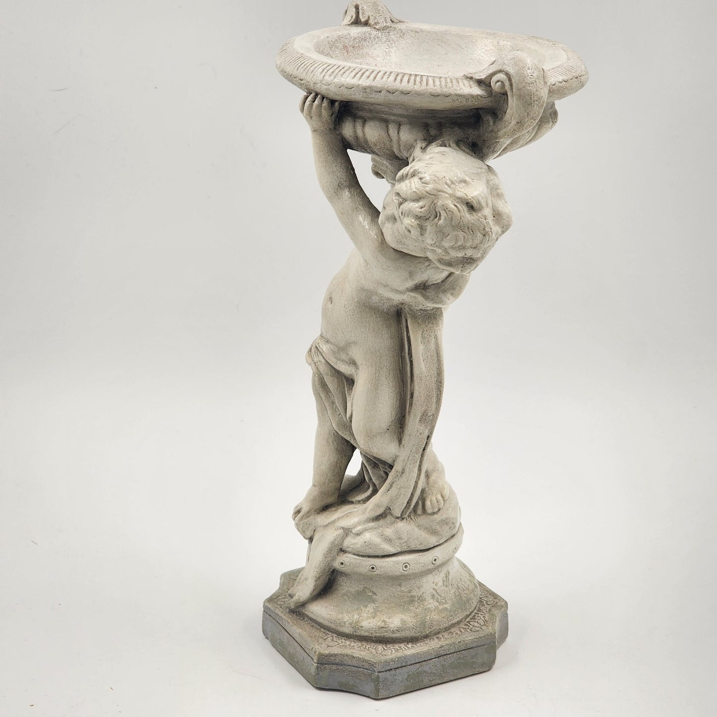 Alexander Backer Chalkware Cherub Angel Statue w/ Bowl Pedestal Ceramic 12" 1940