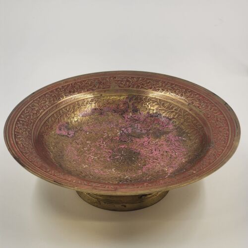 Brass Bowl Pedestal Footed with Floral Pattern 7" Across Asian Red and Pink