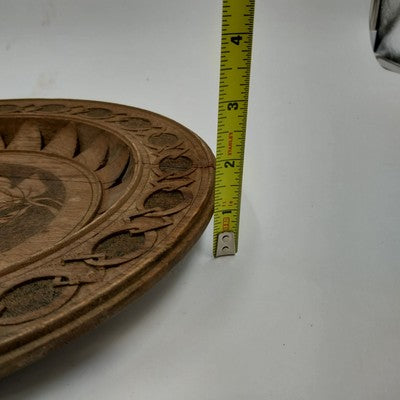 Natural Wood Round Plate Hand Carved Floral Wall Hanging Decor 11.75" Repaired