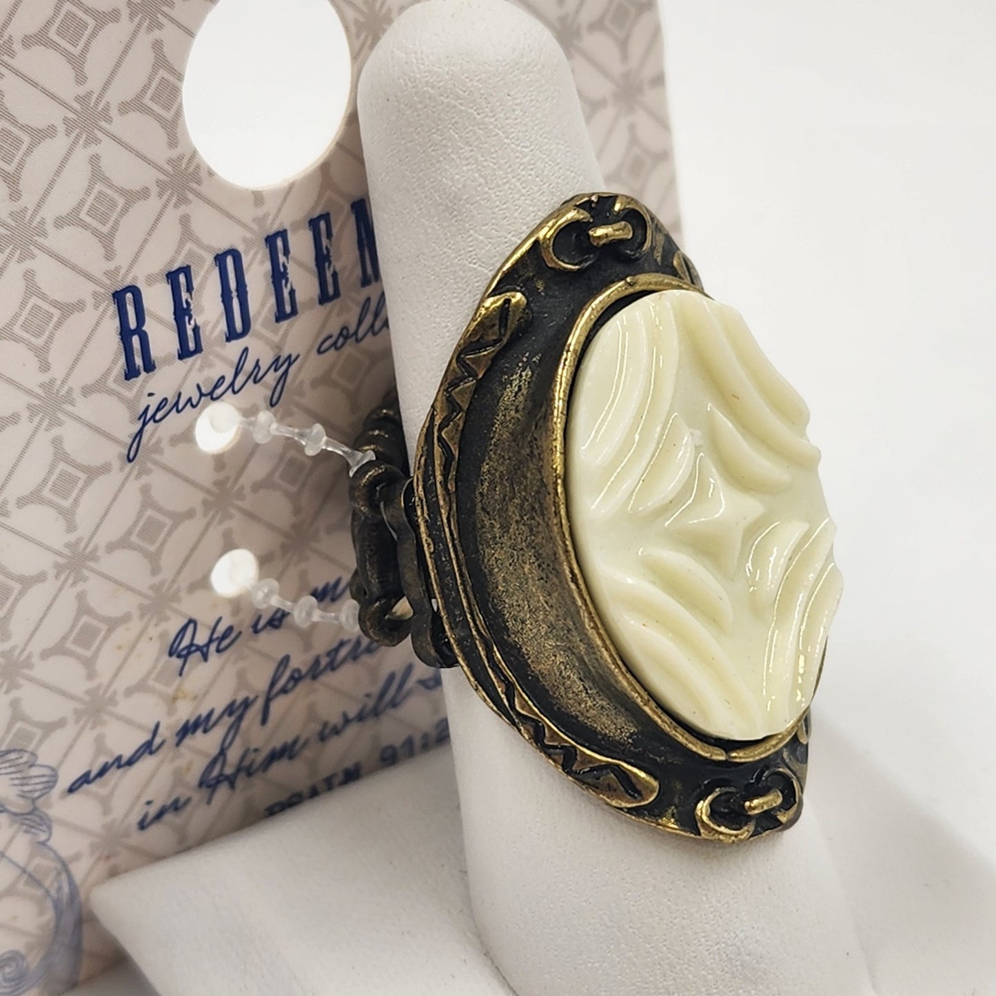 Redeemed Jewelry Ring Bronze Tone White Stone Elastic Band Psalm 91:1 & 91:2