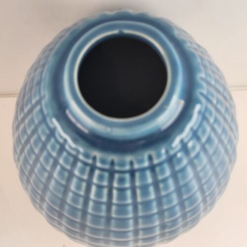 Blue Glazed Vase Geometric Grid Lines Pattern 6" Tall x 1.25" Mouth Rubber Base