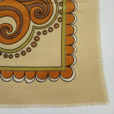 P Saint Hilaire Paris 30" Square Tan Scarf Paisley Floral Signed Vintage Cotton