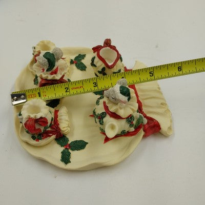 Youngs Inc Mini Tea Set 1995 Christmas Red Ribbons Holly 6" Collectible