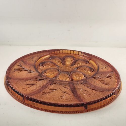 Indiana Glass Pebble Leaf Amber Egg Relish Serving Platter Vintage 12.75" Round
