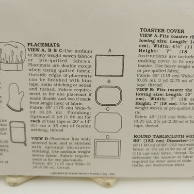 Kwik Sew 2284 Vintage Sewing Pattern Uncut Oven Mitt Chef Hat Potholder Placemat