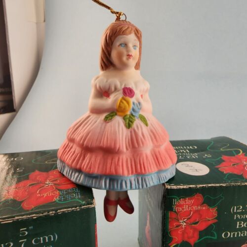 Three Young Girl Porcelain Bell Christmas Ornaments w Hanging Leg Chimes