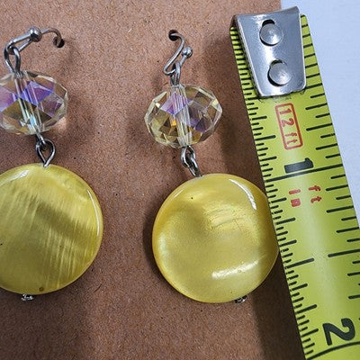 Set 2 Pierced Earrings Yellow Discs w Rhinestones & Marbled Bead Gold Tone Drop