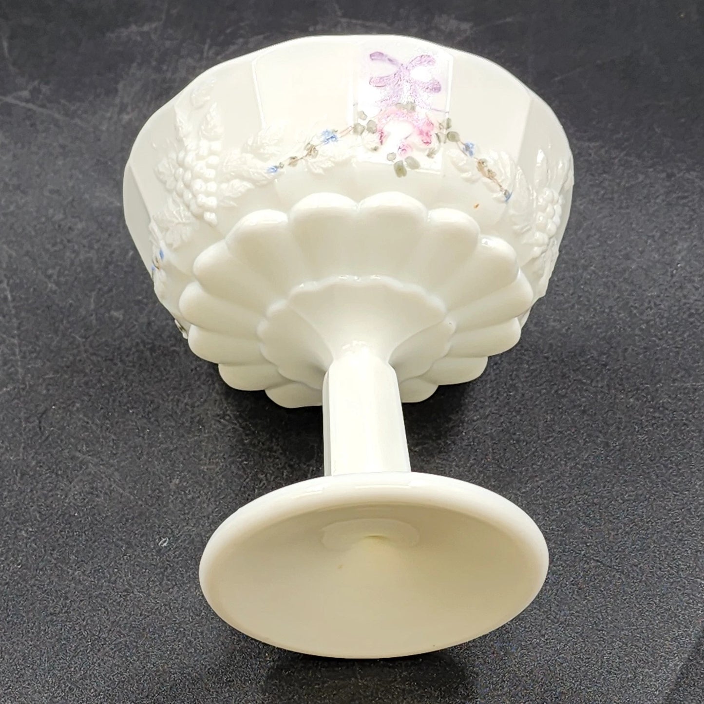 Westmoreland Milk Glass Covered Candy Dish Roses & Bows Paneled Grape 7”
