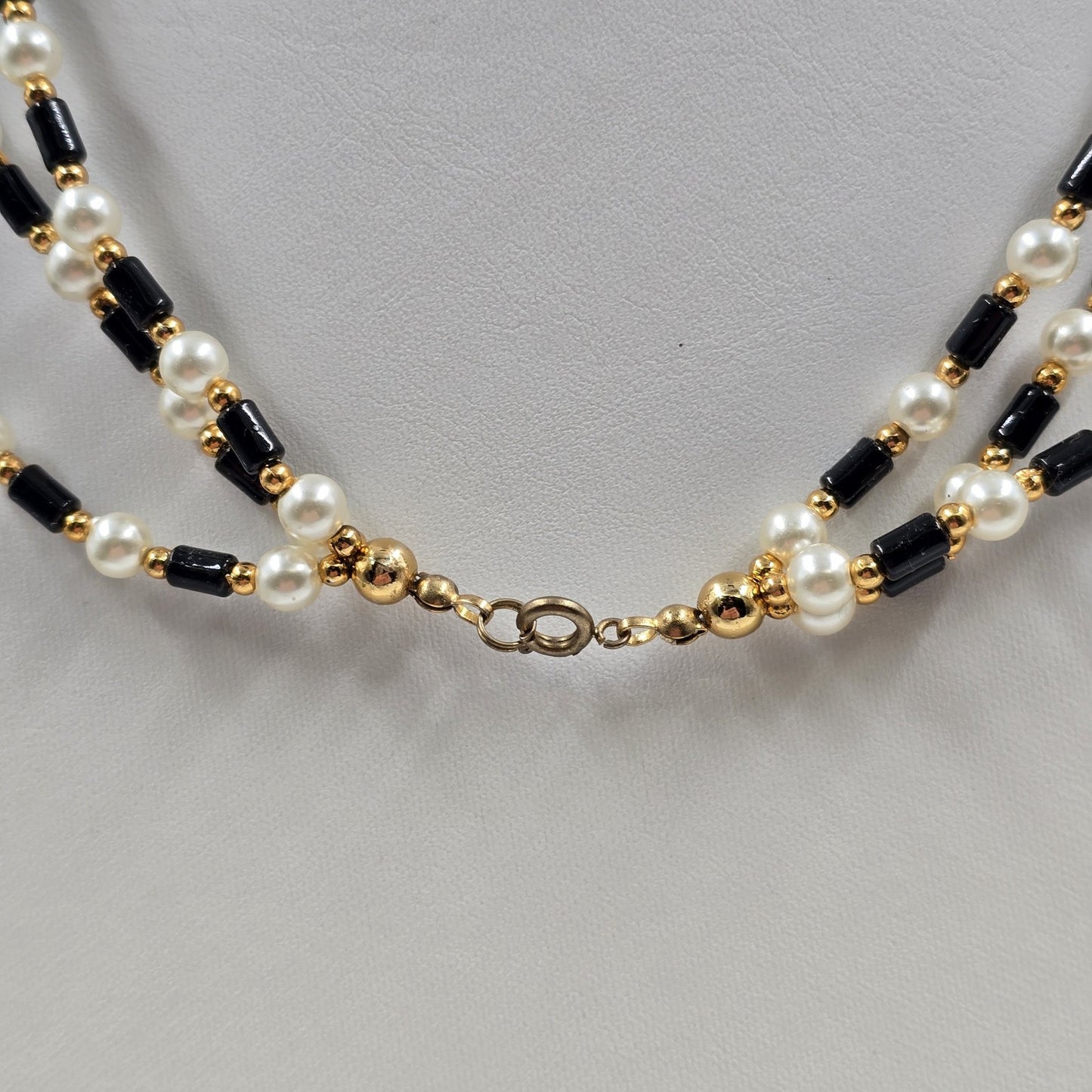 Multi Strand Necklace by Seta in Gold Tone Black Beads White Faux Pearl
